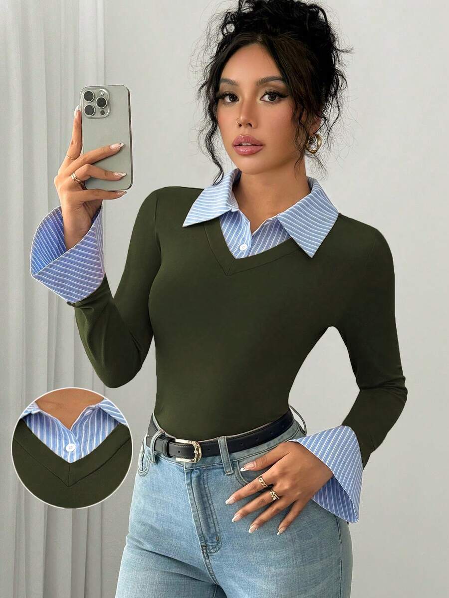 Selianne Elegant Commuter Striped Collared Flared Long Sleeve Knitted T-Shirt For Women