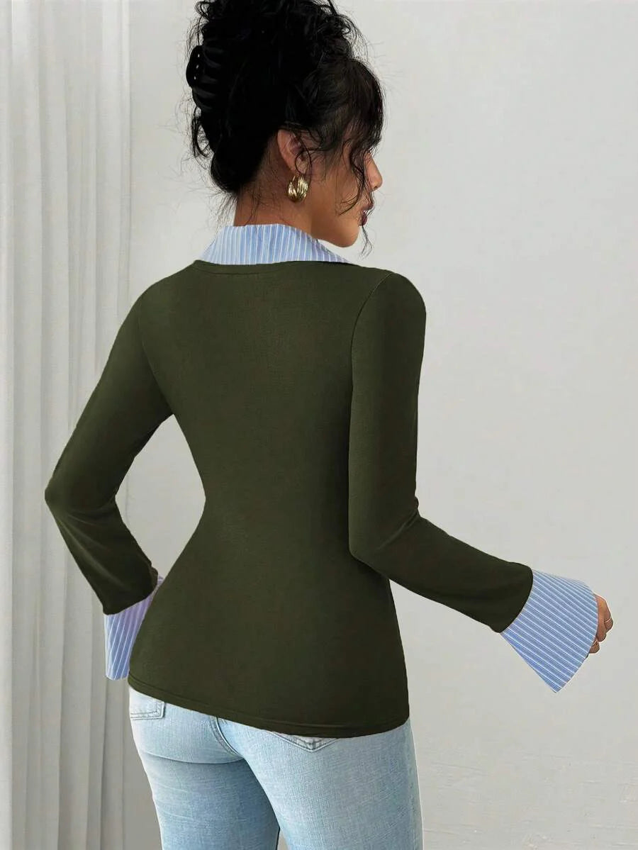 Selianne Elegant Commuter Striped Collared Flared Long Sleeve Knitted T-Shirt For Women