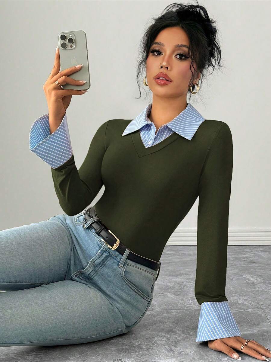Selianne Elegant Commuter Striped Collared Flared Long Sleeve Knitted T-Shirt For Women