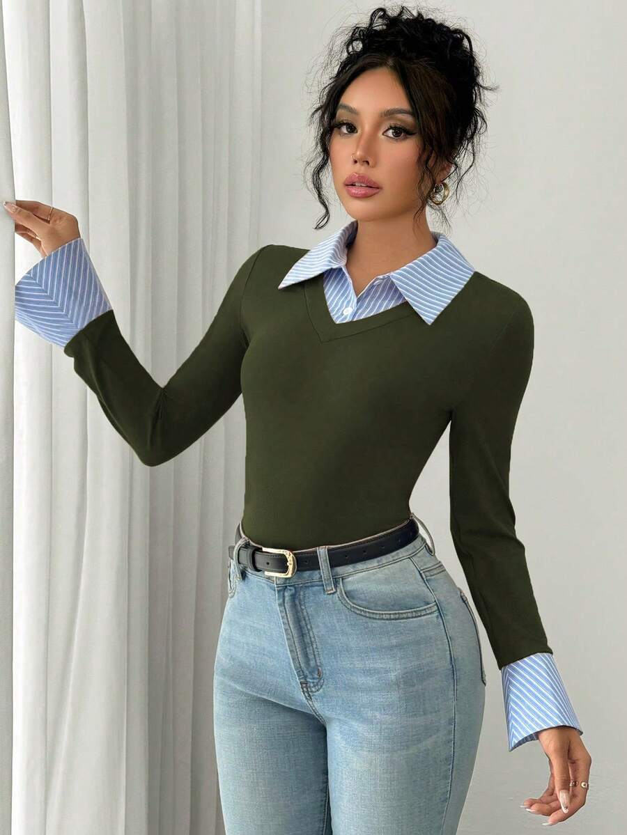 Selianne Elegant Commuter Striped Collared Flared Long Sleeve Knitted T-Shirt For Women