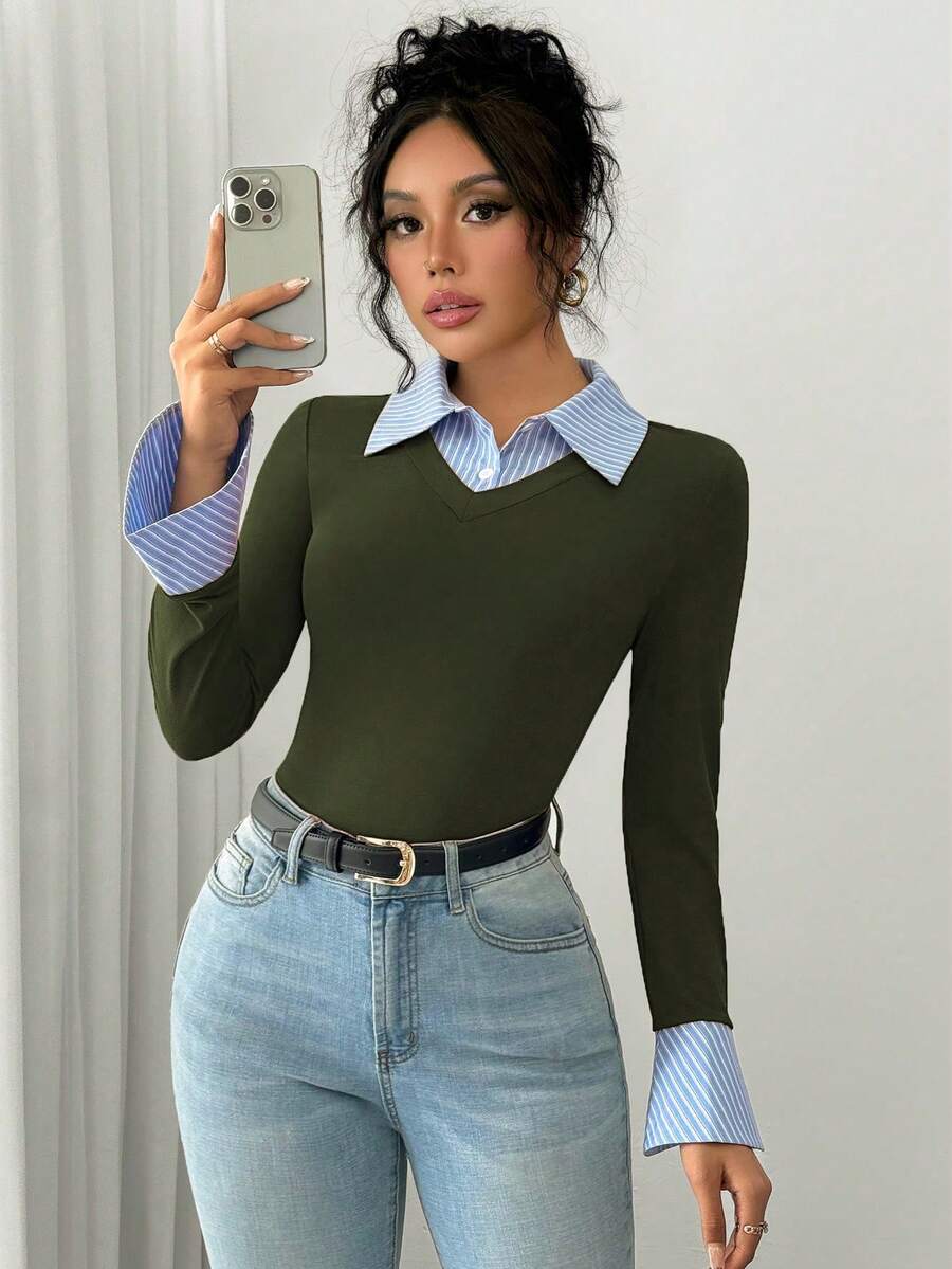 Selianne Elegant Commuter Striped Collared Flared Long Sleeve Knitted T-Shirt For Women
