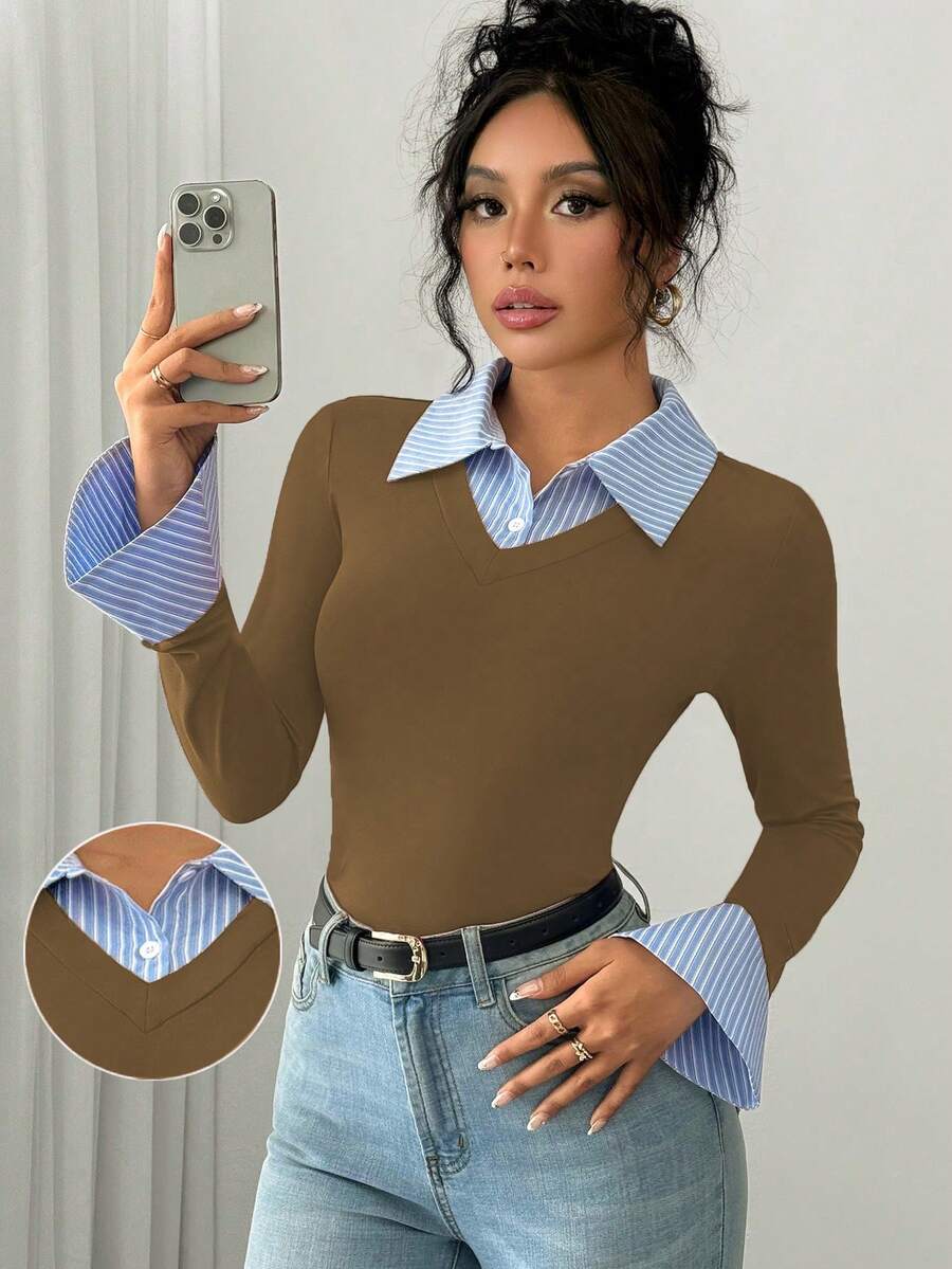 Selianne Elegant Commuter Striped Collared Flared Long Sleeve Knitted T-Shirt For Women