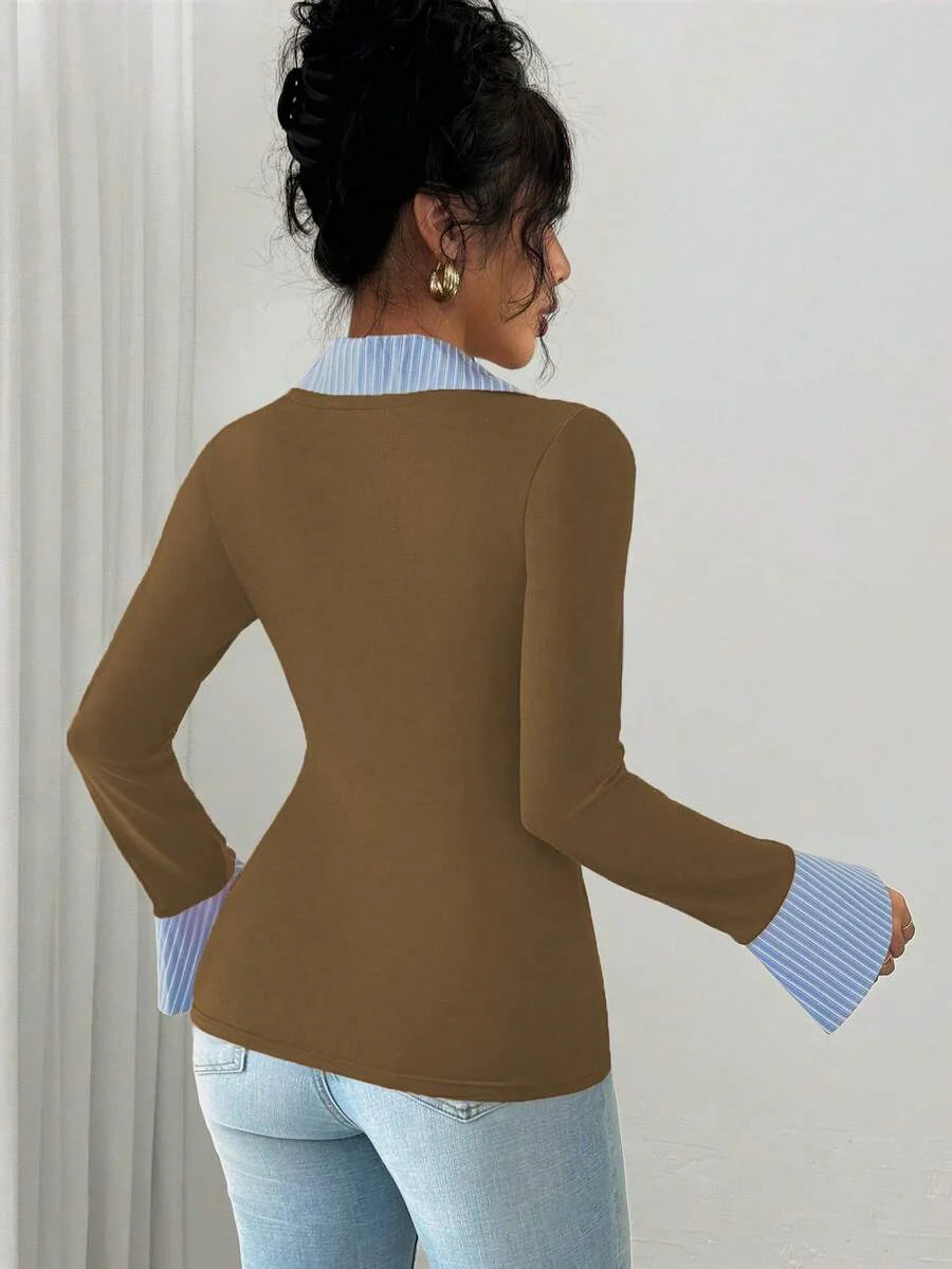 Selianne Elegant Commuter Striped Collared Flared Long Sleeve Knitted T-Shirt For Women