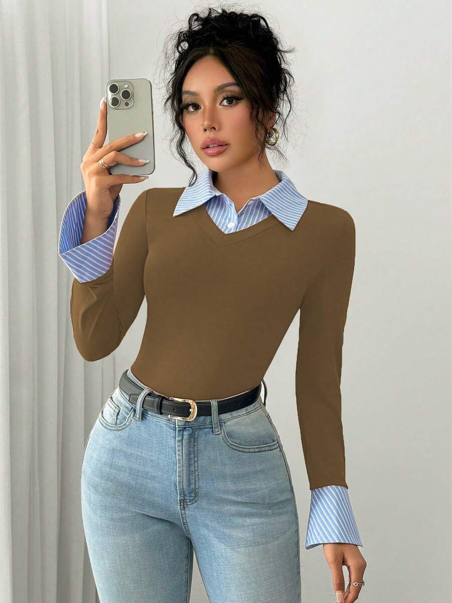 Selianne Elegant Commuter Striped Collared Flared Long Sleeve Knitted T-Shirt For Women