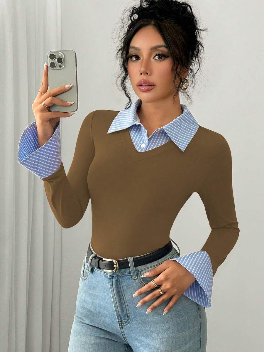 Selianne Elegant Commuter Striped Collared Flared Long Sleeve Knitted T-Shirt For Women