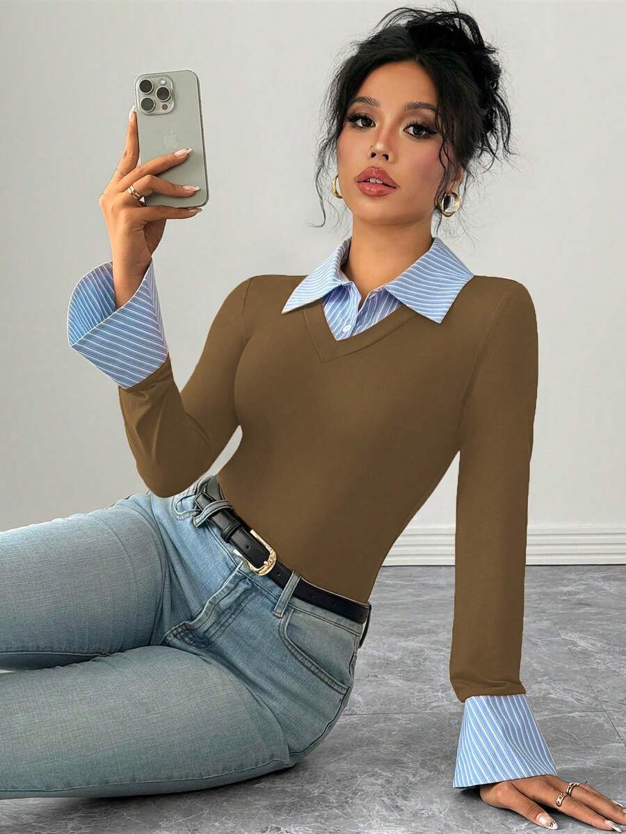Selianne Elegant Commuter Striped Collared Flared Long Sleeve Knitted T-Shirt For Women