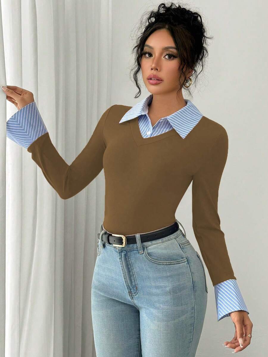 Selianne Elegant Commuter Striped Collared Flared Long Sleeve Knitted T-Shirt For Women