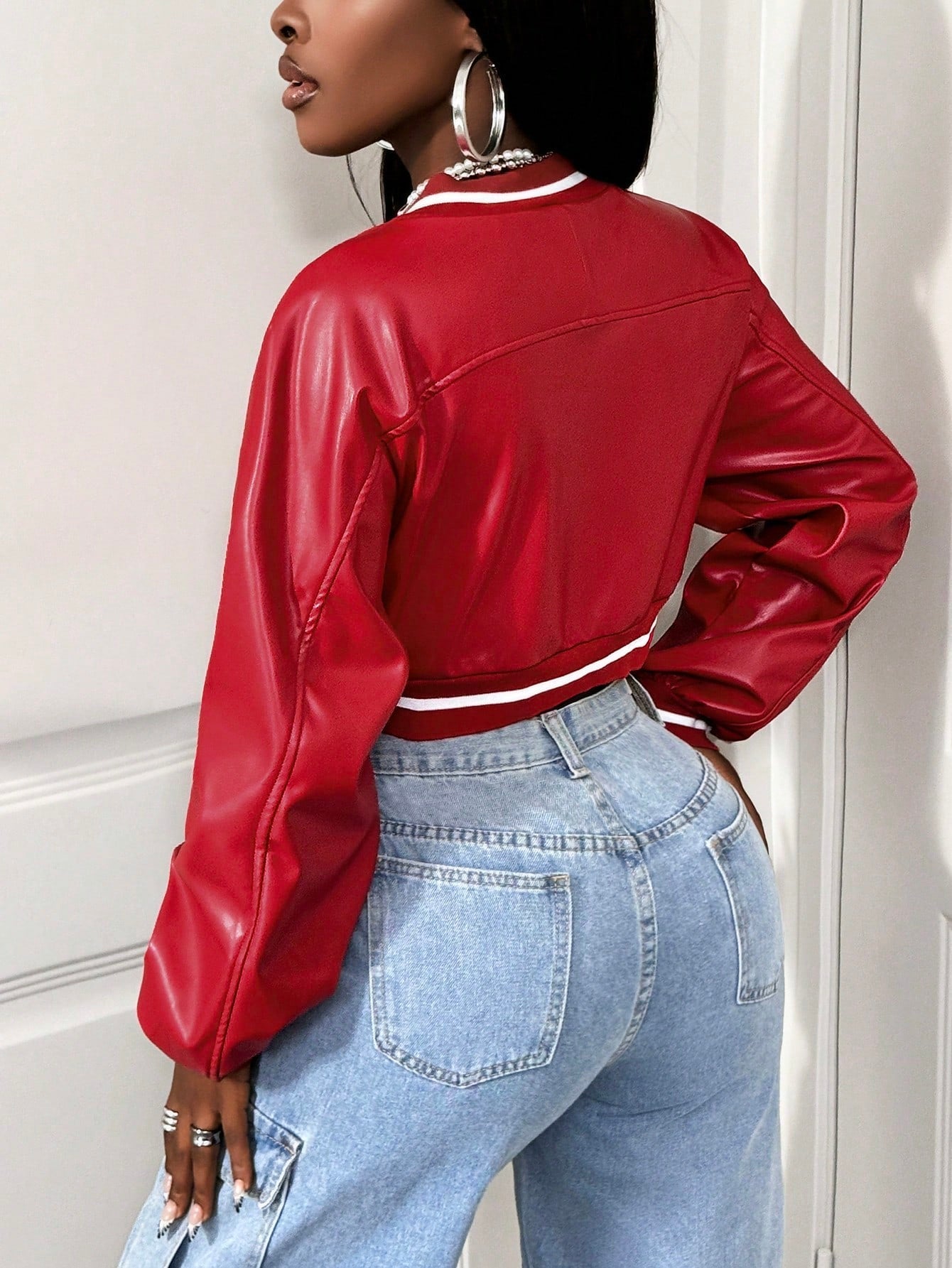 BamGleam Women's Striped Long Sleeve Cropped PU Leather Baseball Jacket, Autumn