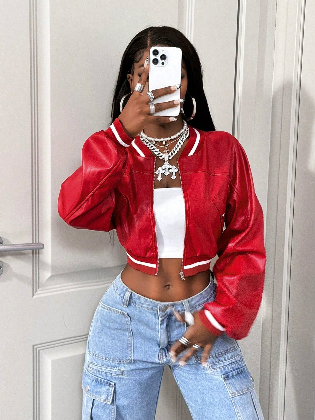 BamGleam Women's Striped Long Sleeve Cropped PU Leather Baseball Jacket, Autumn