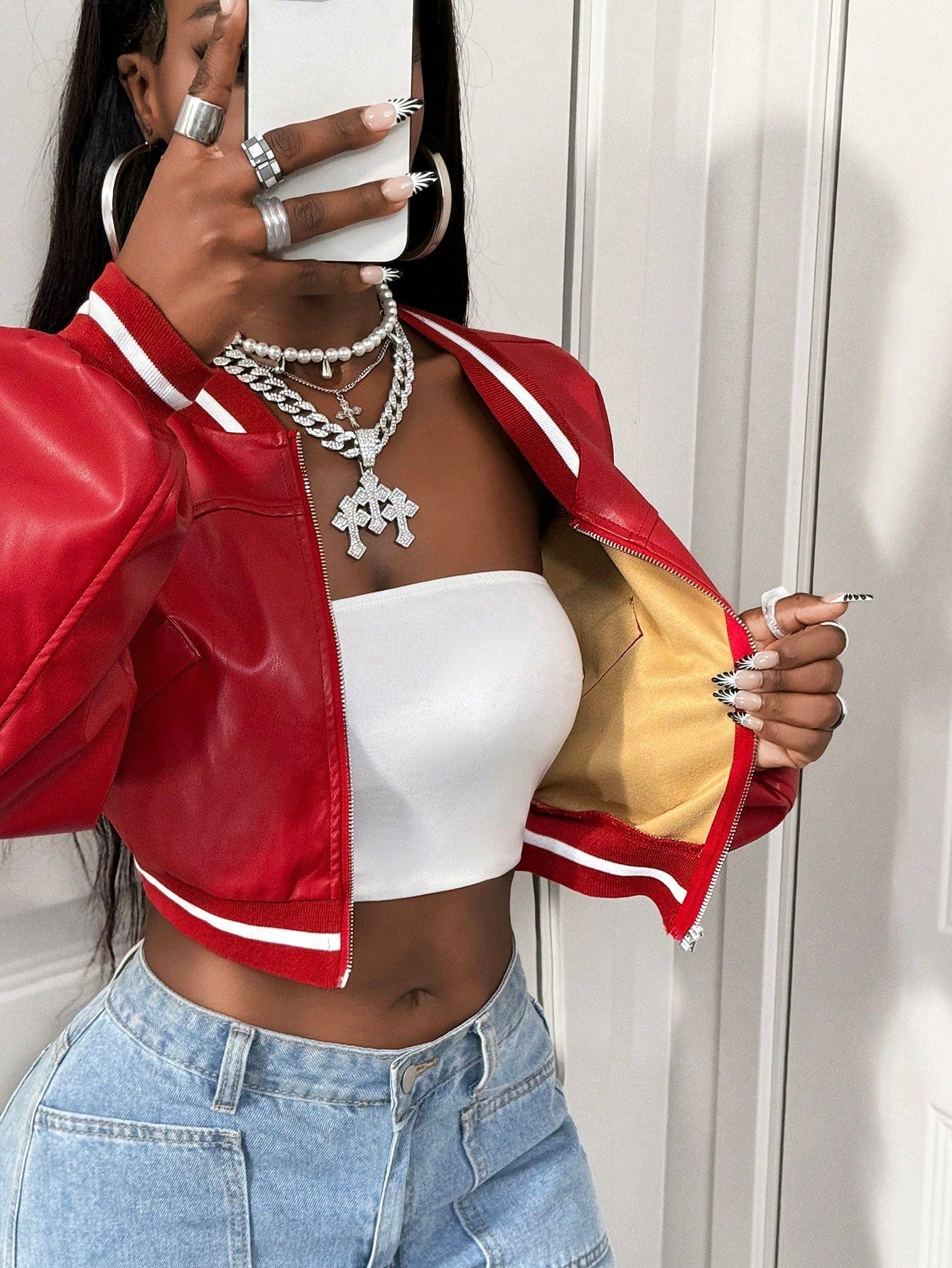BamGleam Women's Striped Long Sleeve Cropped PU Leather Baseball Jacket, Autumn