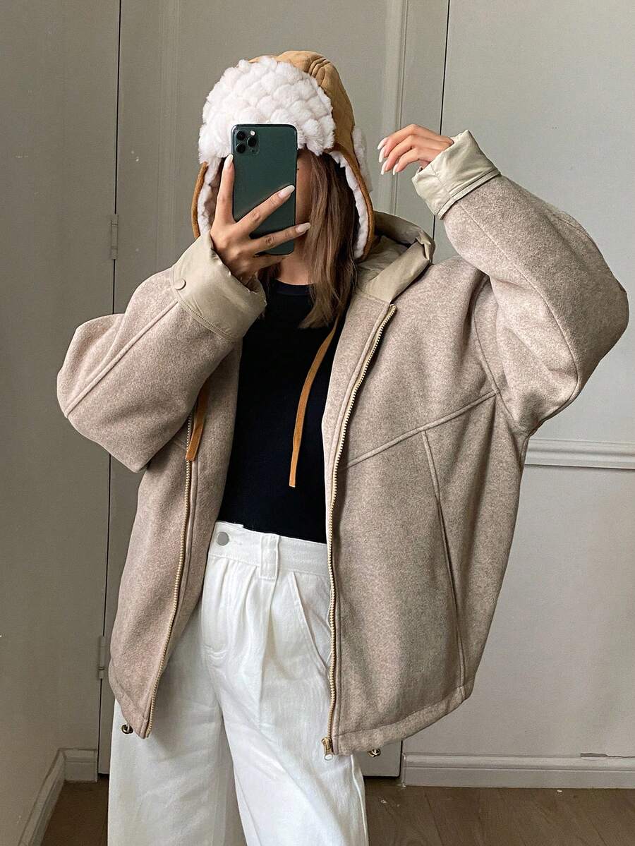 DAZY Women's Solid Color Drop Shoulder Long Sleeve Zipper Front Casual Hooded Winter Jacket