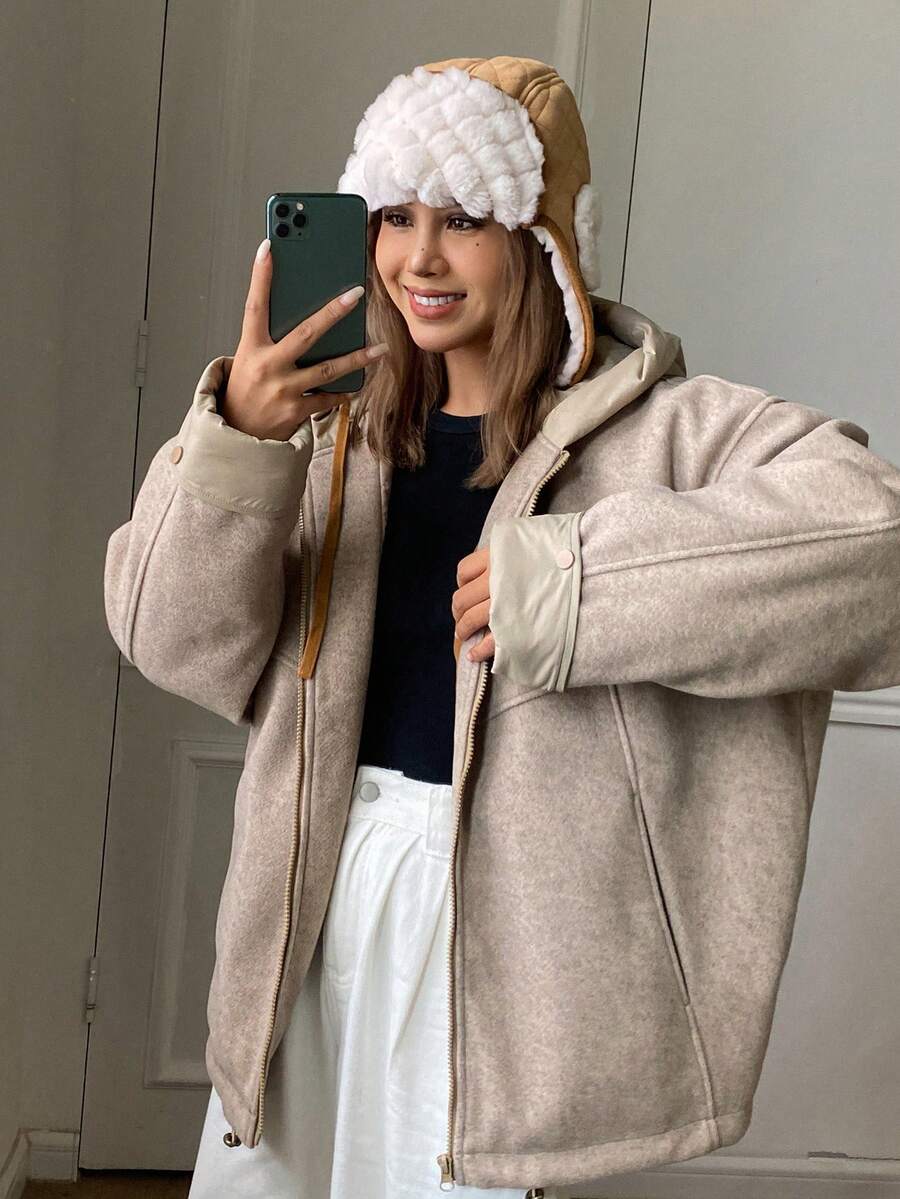 DAZY Women's Solid Color Drop Shoulder Long Sleeve Zipper Front Casual Hooded Winter Jacket