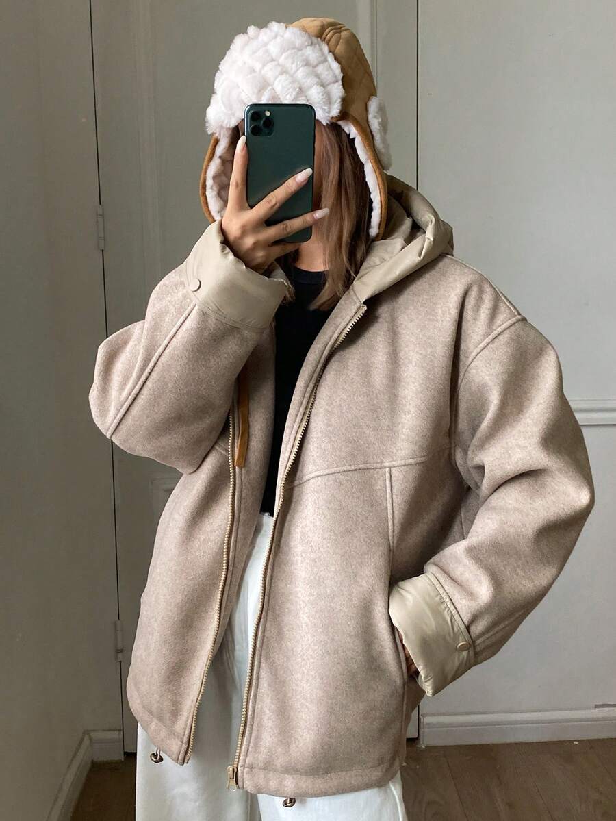 DAZY Women's Solid Color Drop Shoulder Long Sleeve Zipper Front Casual Hooded Winter Jacket