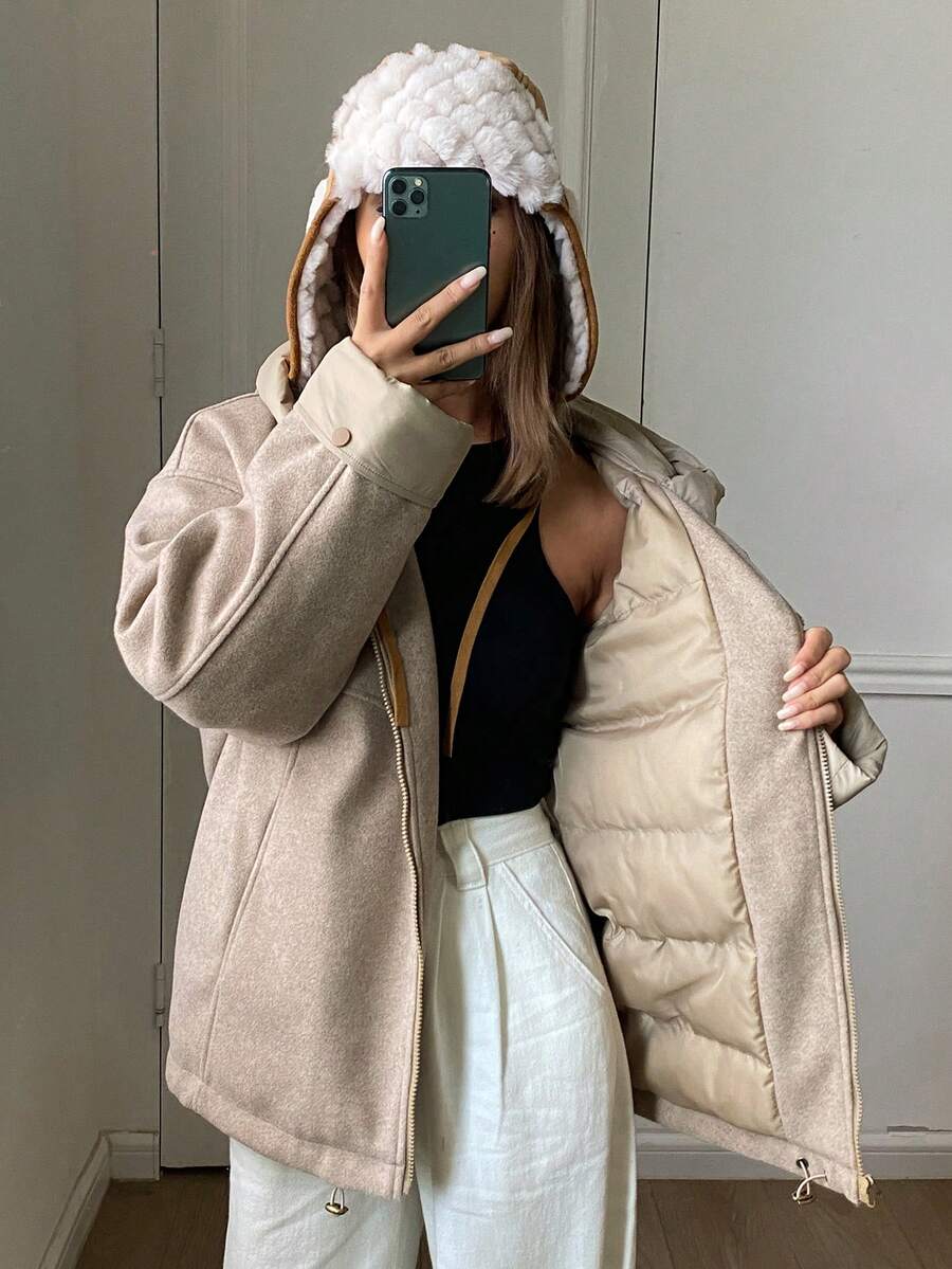DAZY Women's Solid Color Drop Shoulder Long Sleeve Zipper Front Casual Hooded Winter Jacket
