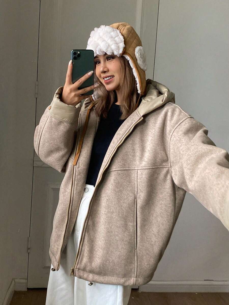 DAZY Women's Solid Color Drop Shoulder Long Sleeve Zipper Front Casual Hooded Winter Jacket