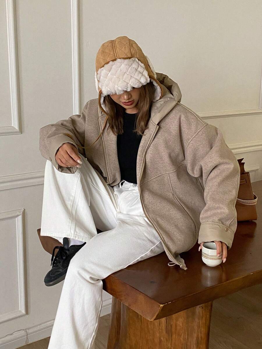 DAZY Women's Solid Color Drop Shoulder Long Sleeve Zipper Front Casual Hooded Winter Jacket