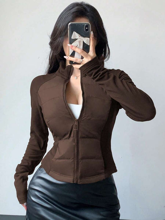 DAZY Women's Stand Collar Fabric Patchwork Slim Fit Long Sleeve Open Front Casual Padded Coat