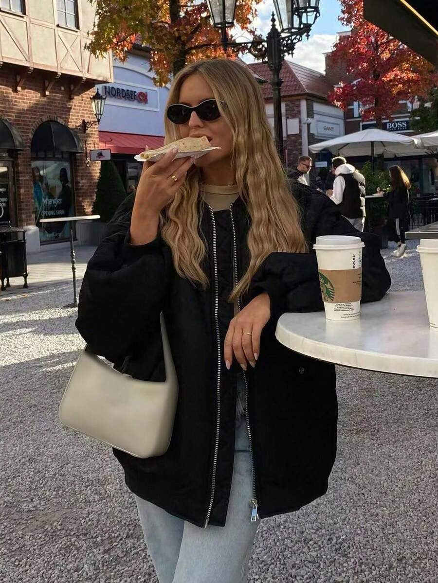 Women's Black Bomber Jacket Front Zip Pockets Long Sleeve Casual Warm Coat For Fall Winter