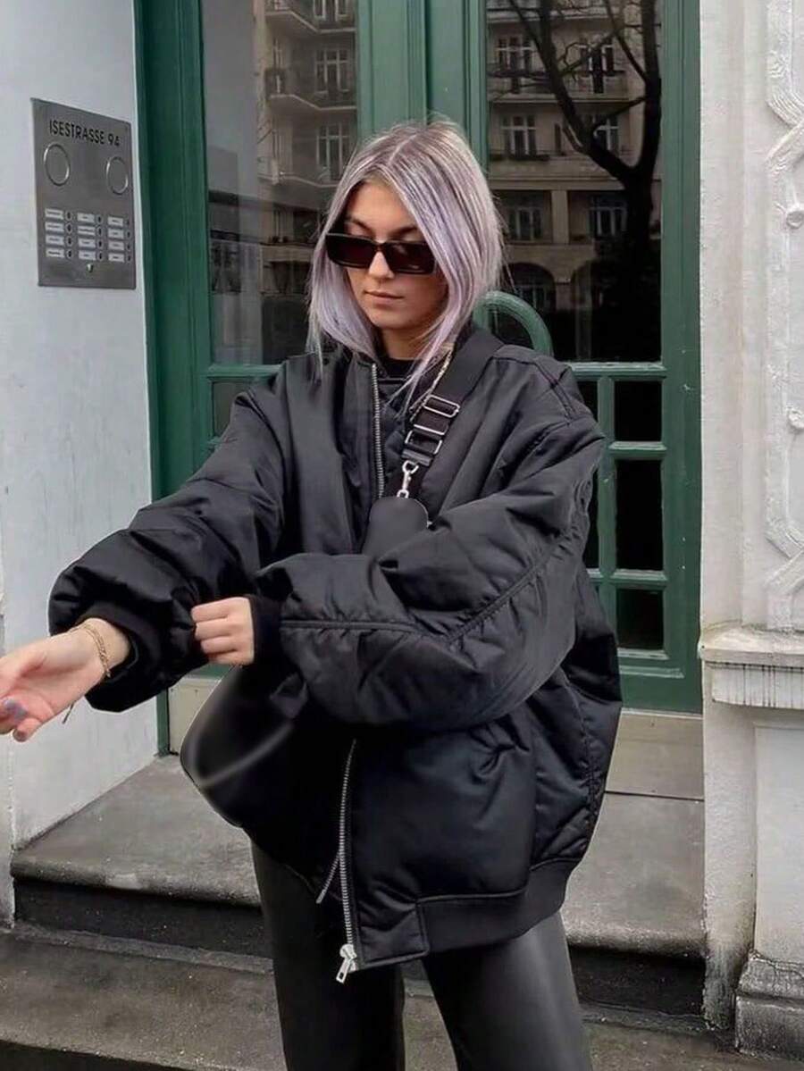 Women's Black Bomber Jacket Front Zip Pockets Long Sleeve Casual Warm Coat For Fall Winter