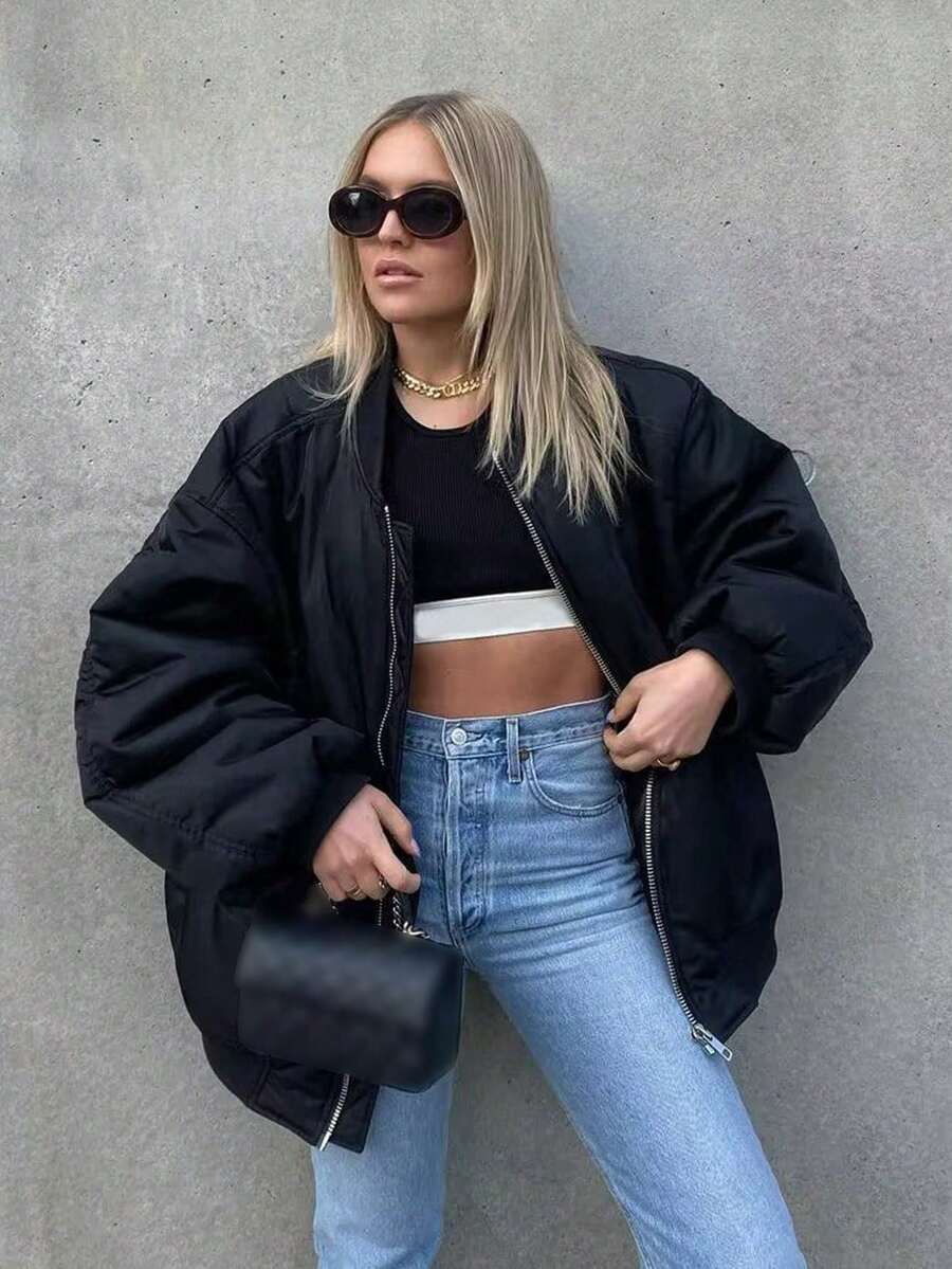 Women's Black Bomber Jacket Front Zip Pockets Long Sleeve Casual Warm Coat For Fall Winter