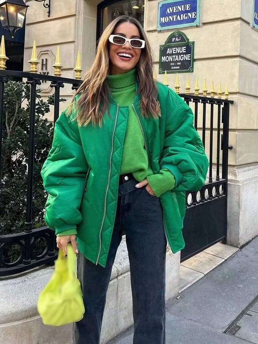 Women's Black Bomber Jacket Front Zip Pockets Long Sleeve Casual Warm Coat For Fall Winter