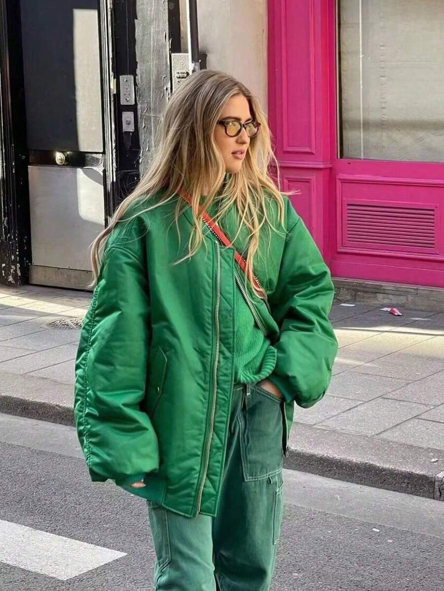 Women's Black Bomber Jacket Front Zip Pockets Long Sleeve Casual Warm Coat For Fall Winter