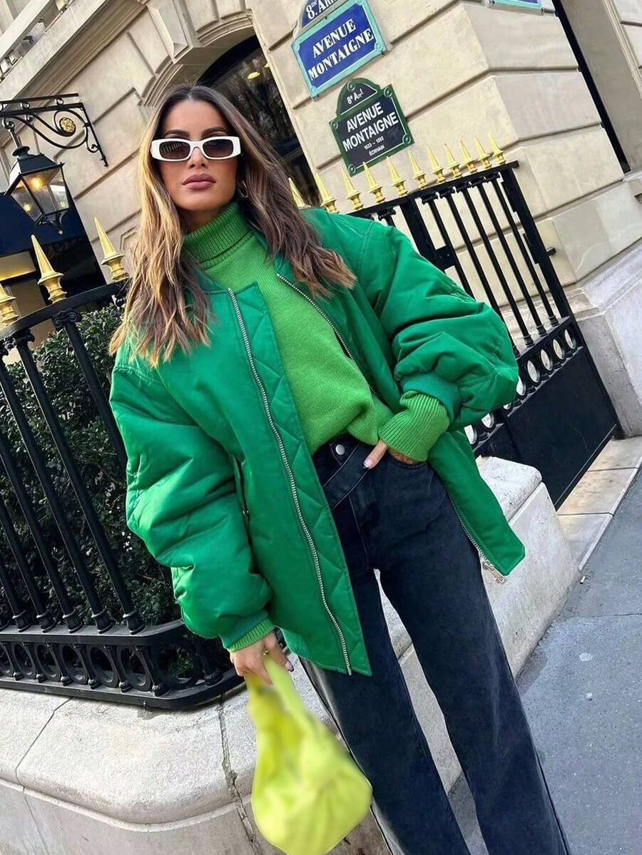 Women's Black Bomber Jacket Front Zip Pockets Long Sleeve Casual Warm Coat For Fall Winter