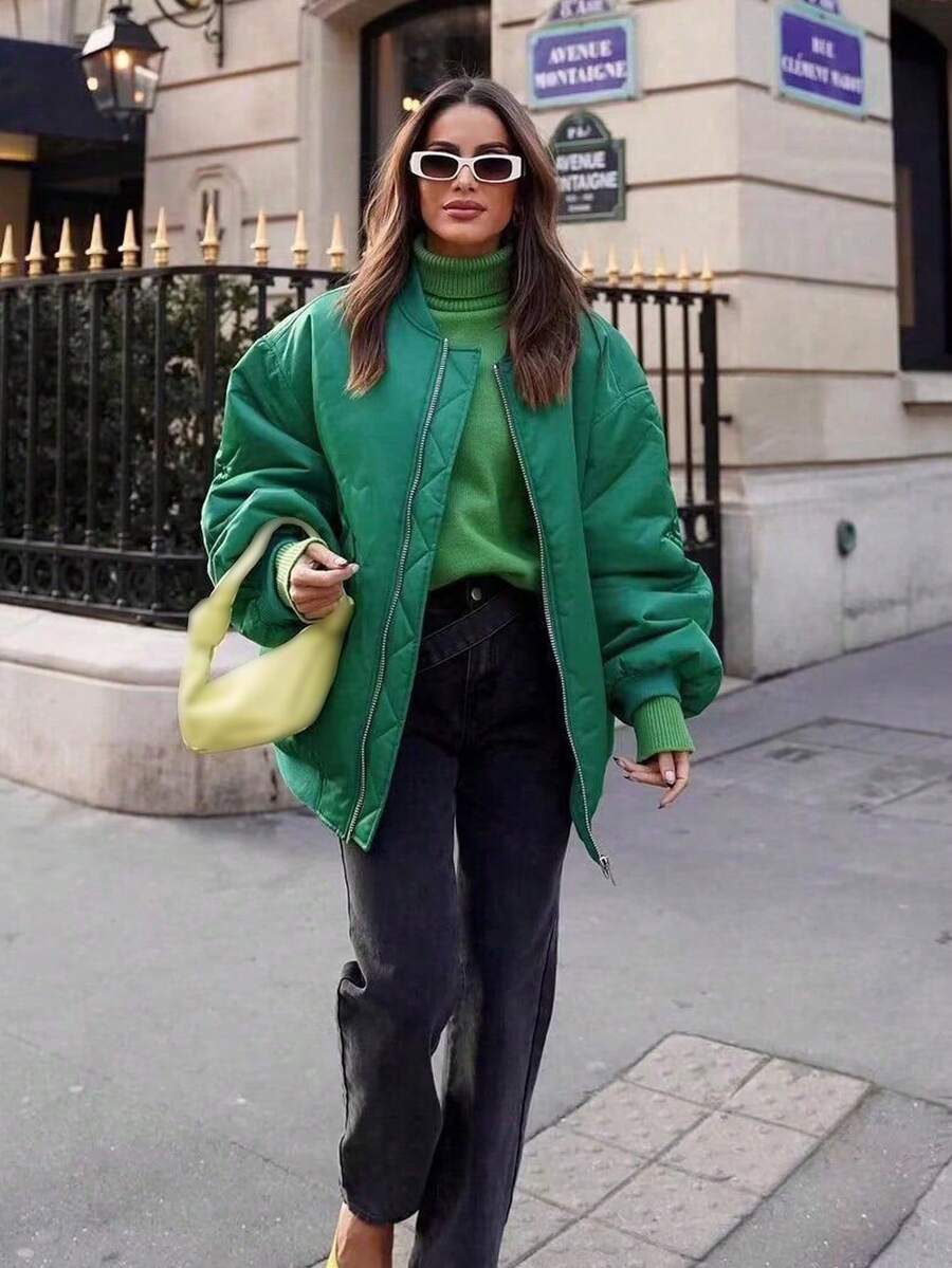 Women's Black Bomber Jacket Front Zip Pockets Long Sleeve Casual Warm Coat For Fall Winter