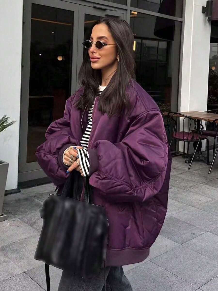 Women's Black Bomber Jacket Front Zip Pockets Long Sleeve Casual Warm Coat For Fall Winter