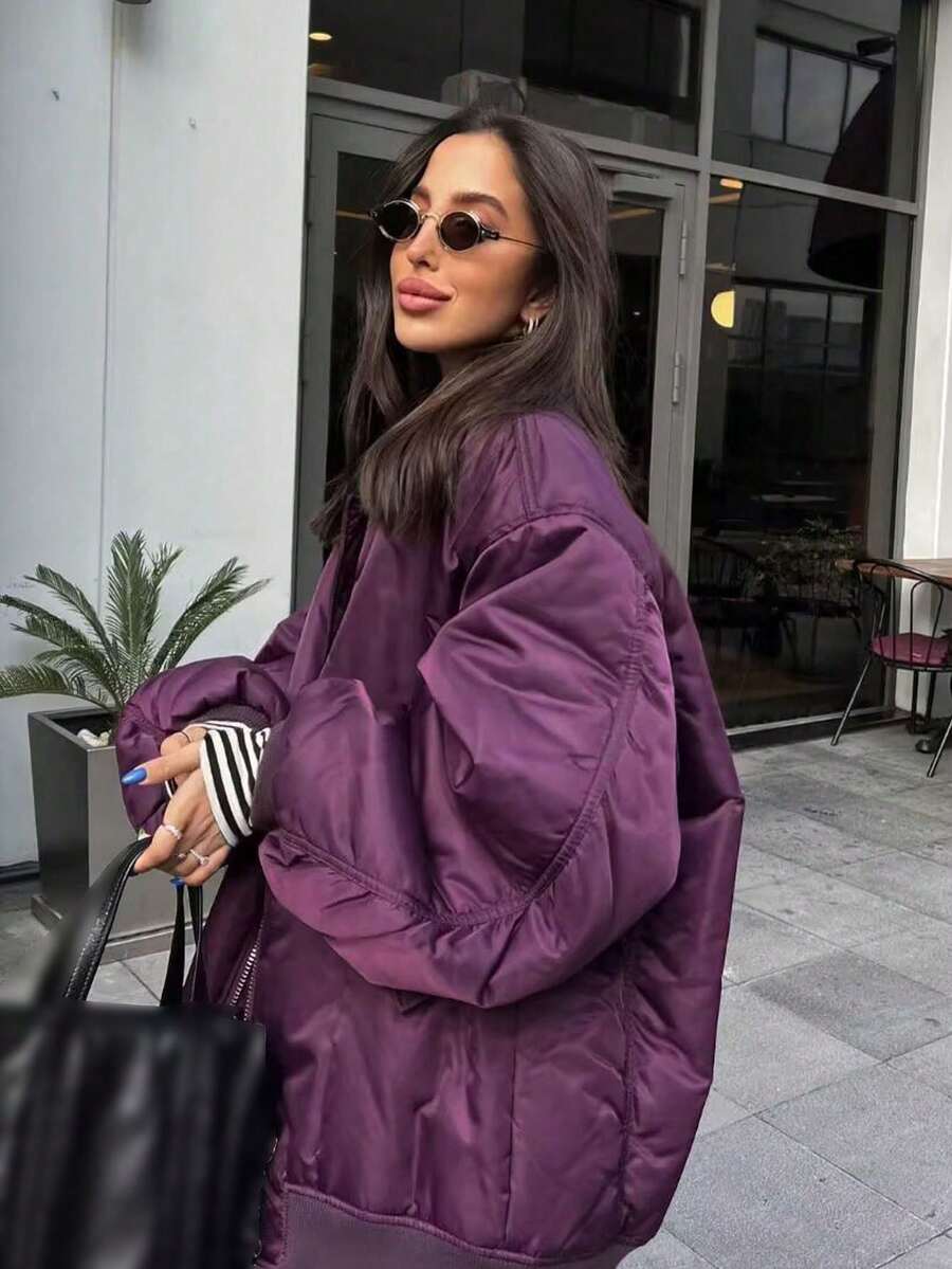 Women's Black Bomber Jacket Front Zip Pockets Long Sleeve Casual Warm Coat For Fall Winter