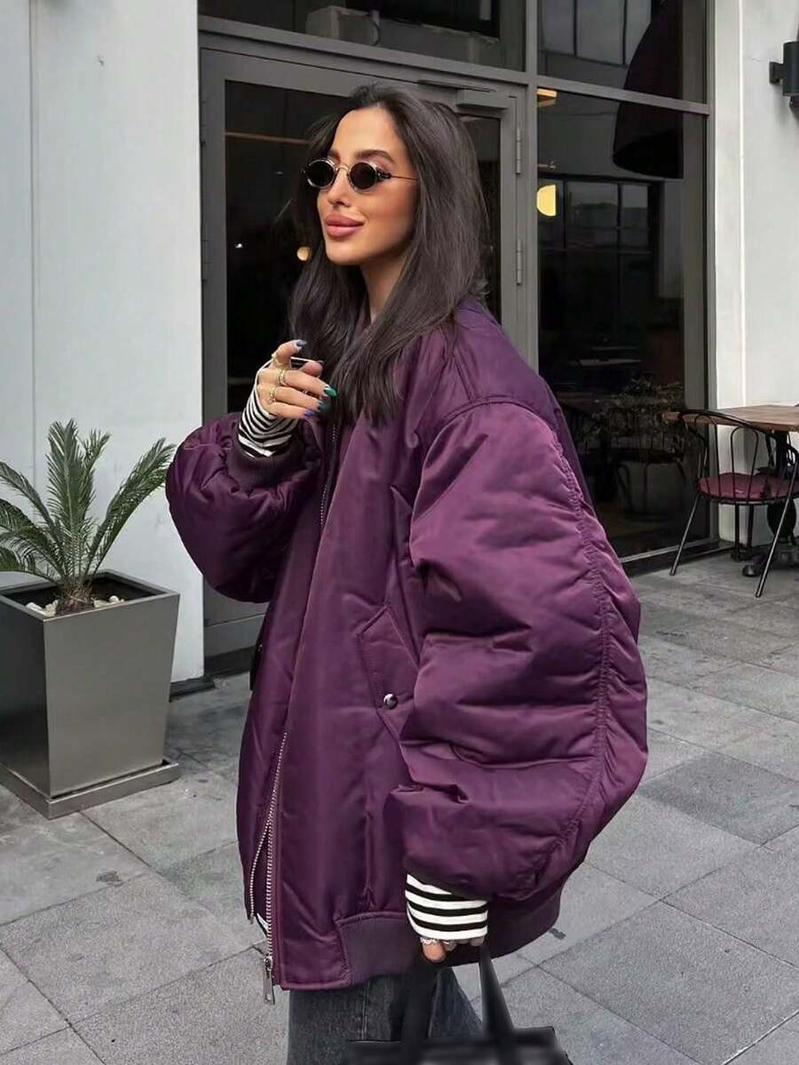 Women's Black Bomber Jacket Front Zip Pockets Long Sleeve Casual Warm Coat For Fall Winter