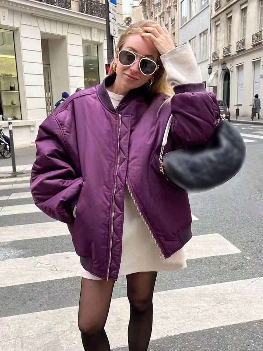 Women's Black Bomber Jacket Front Zip Pockets Long Sleeve Casual Warm Coat For Fall Winter