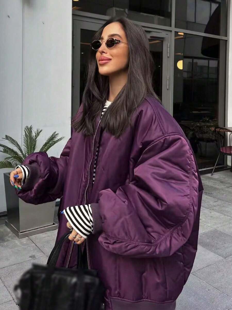 Women's Black Bomber Jacket Front Zip Pockets Long Sleeve Casual Warm Coat For Fall Winter