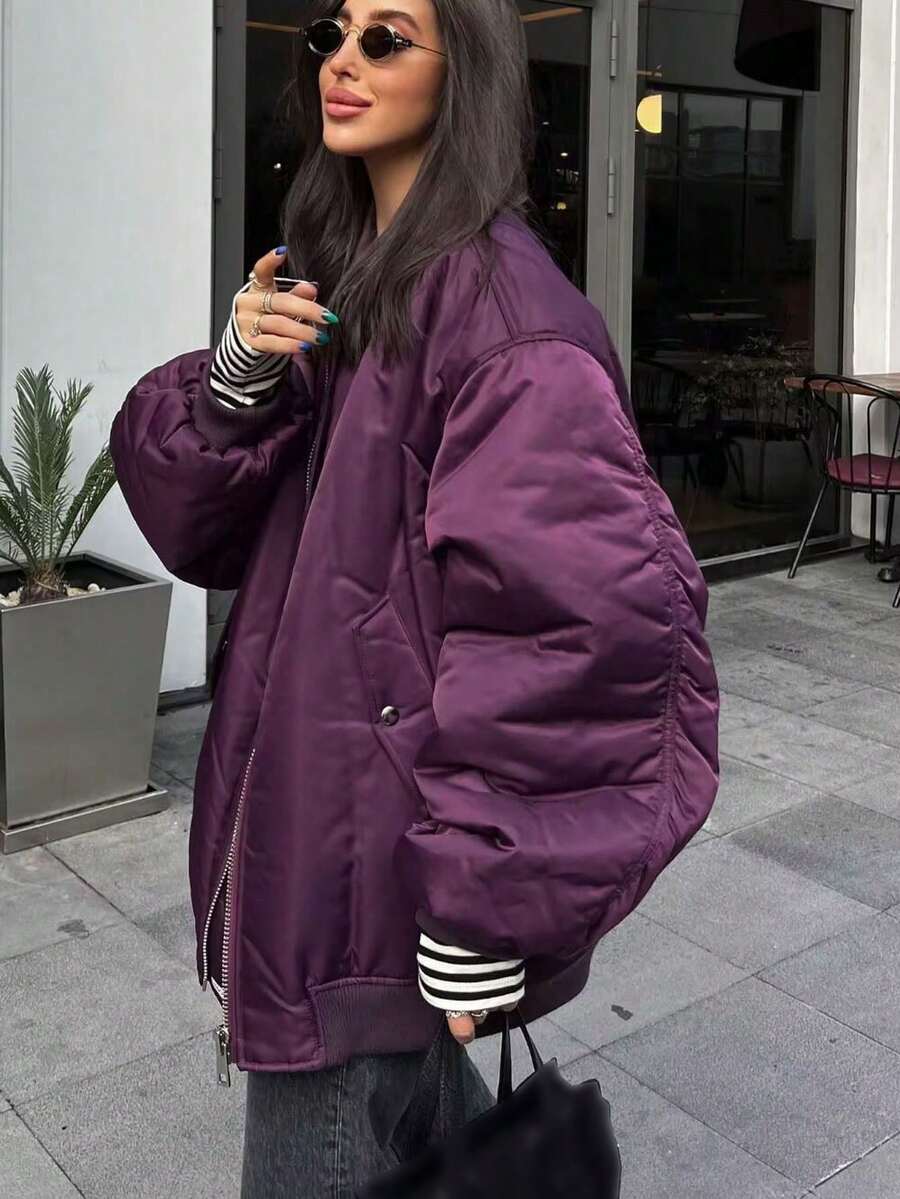 Women's Black Bomber Jacket Front Zip Pockets Long Sleeve Casual Warm Coat For Fall Winter
