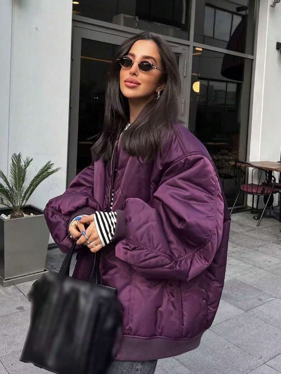 Women's Black Bomber Jacket Front Zip Pockets Long Sleeve Casual Warm Coat For Fall Winter