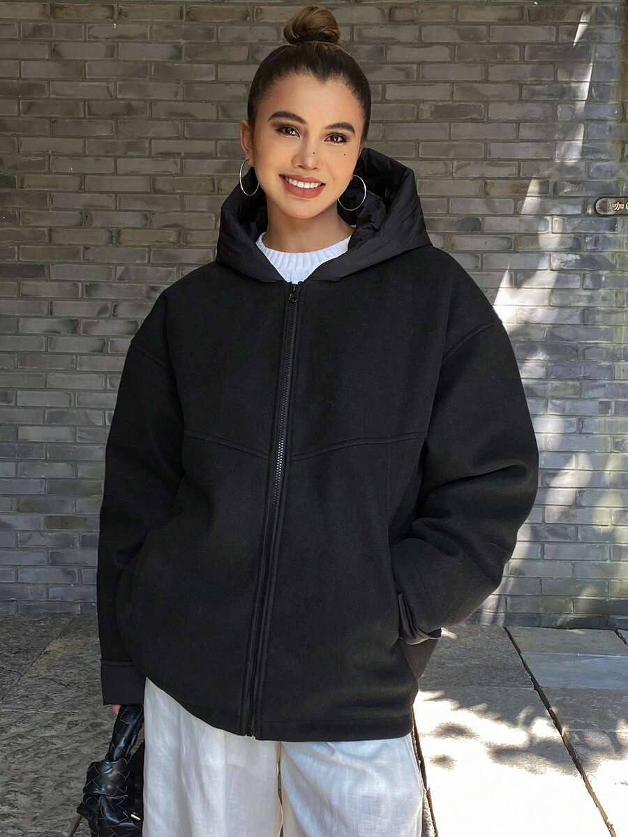 DAZY Women's Solid Color Drop Shoulder Long Sleeve Zipper Front Casual Hooded Winter Jacket