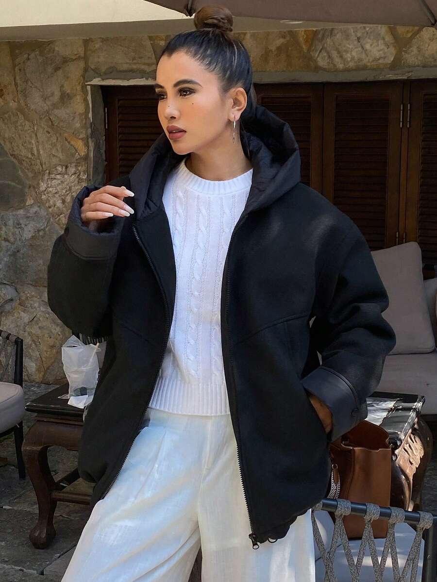 DAZY Women's Solid Color Drop Shoulder Long Sleeve Zipper Front Casual Hooded Winter Jacket