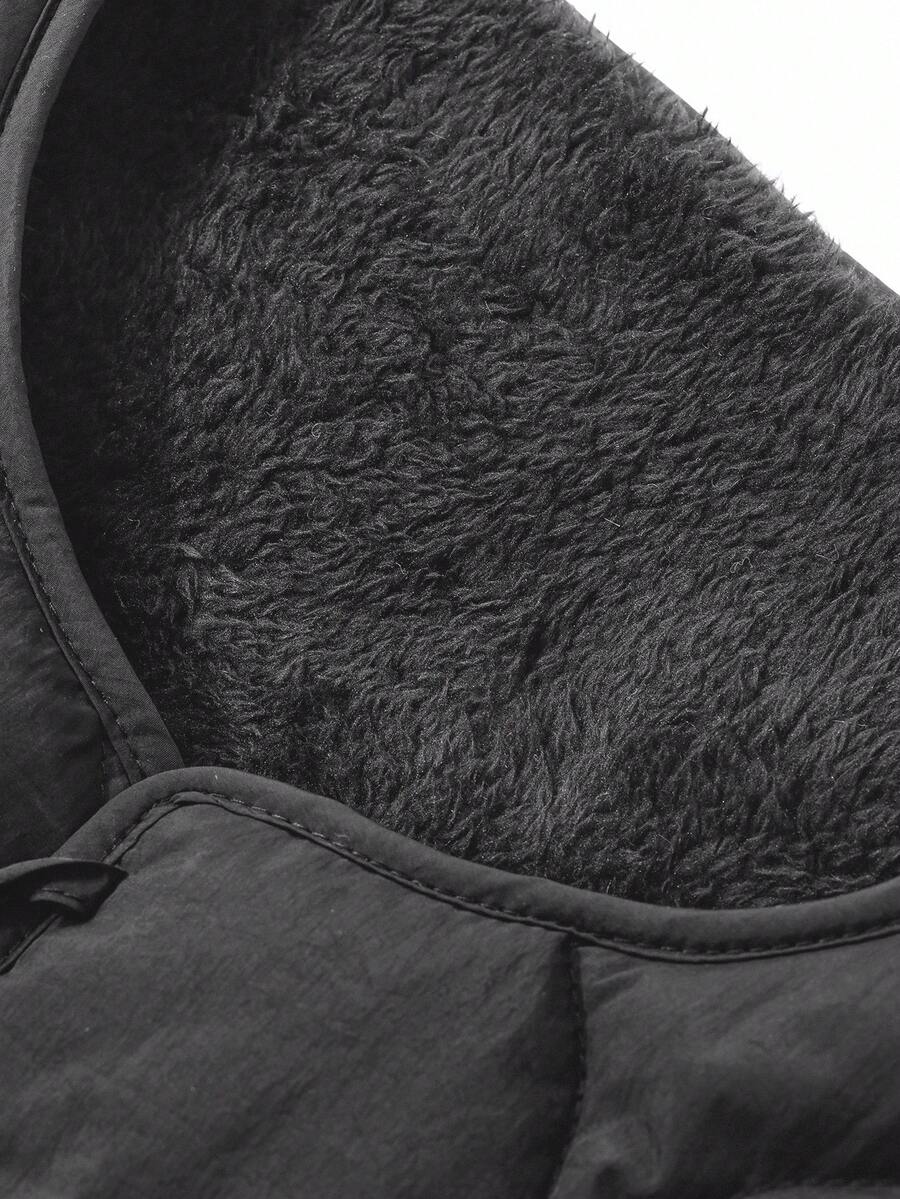 FRIFUL Women's Black Solid Color Lace-Up Tie Lamb Wool Lining Round Neck Pocket Decorative Stitching Quilted Vest Jacket, Autumn/Fall