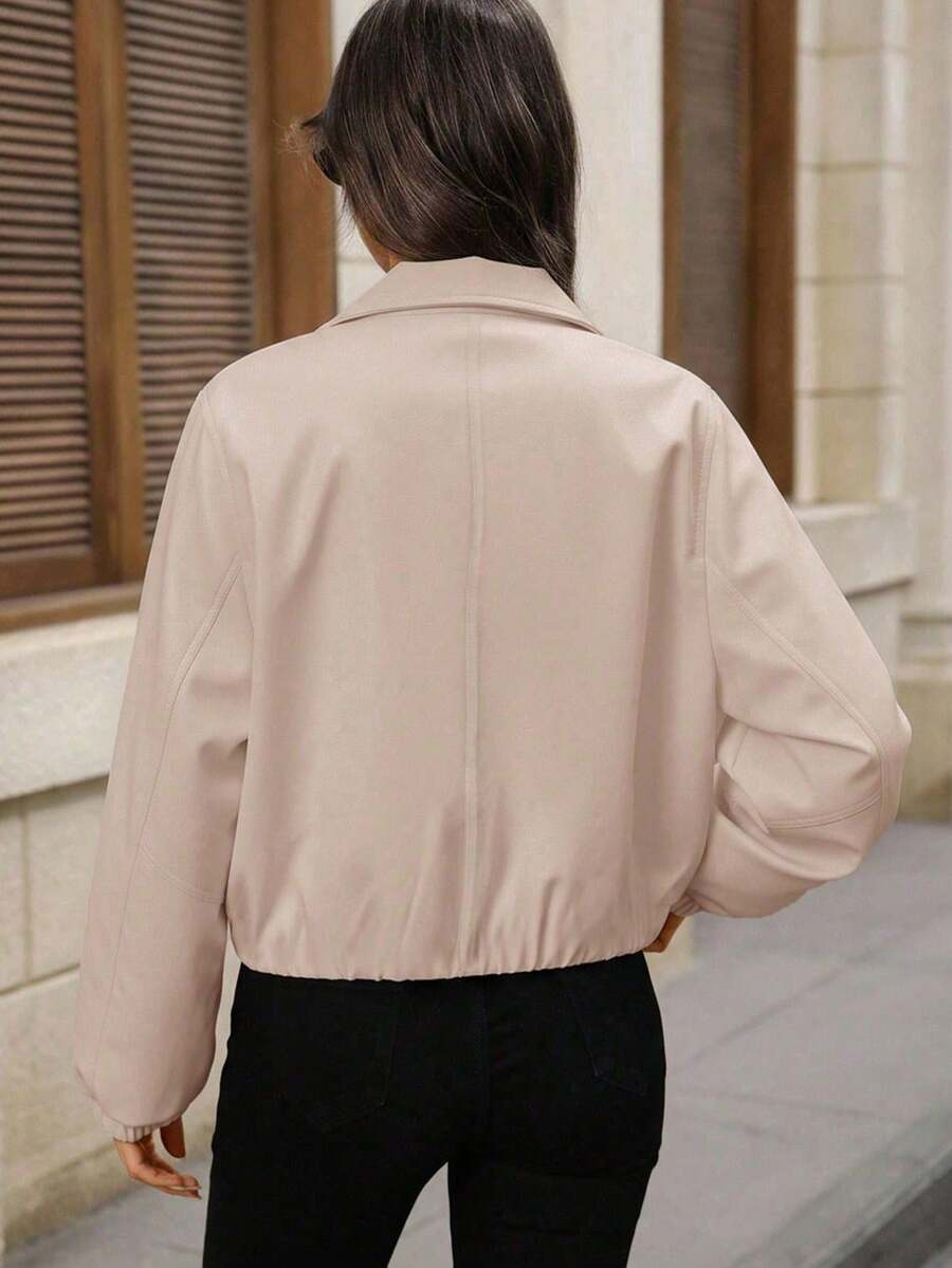 EMERY ROSE Women's Solid Color Lantern Sleeve Zipper Front PU Leather Jacket, Autumn
