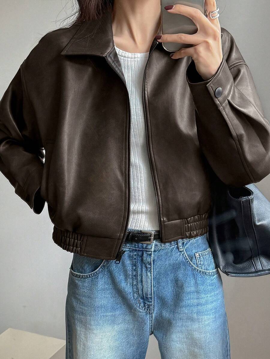 DAZY Spring New Distressed Leather Jacket, Short Style Lady Casual Outerwear, Fall Clothes