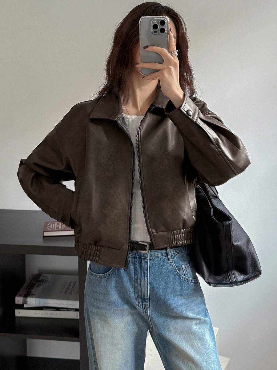 DAZY Spring New Distressed Leather Jacket, Short Style Lady Casual Outerwear, Fall Clothes