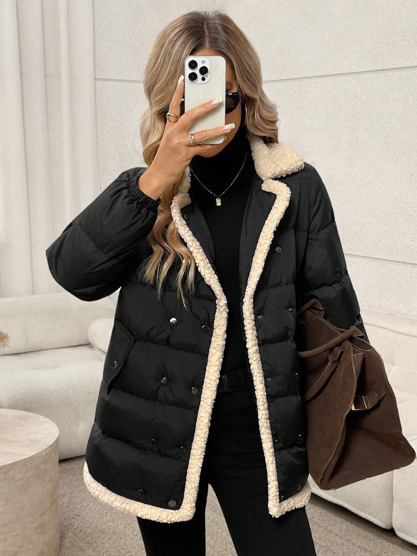 SHEIN LUNE Women's Casual Loose Elegant Commuter Lamb Wool Collar Patchwork Padded Coat Coat, Autumn/Winter
