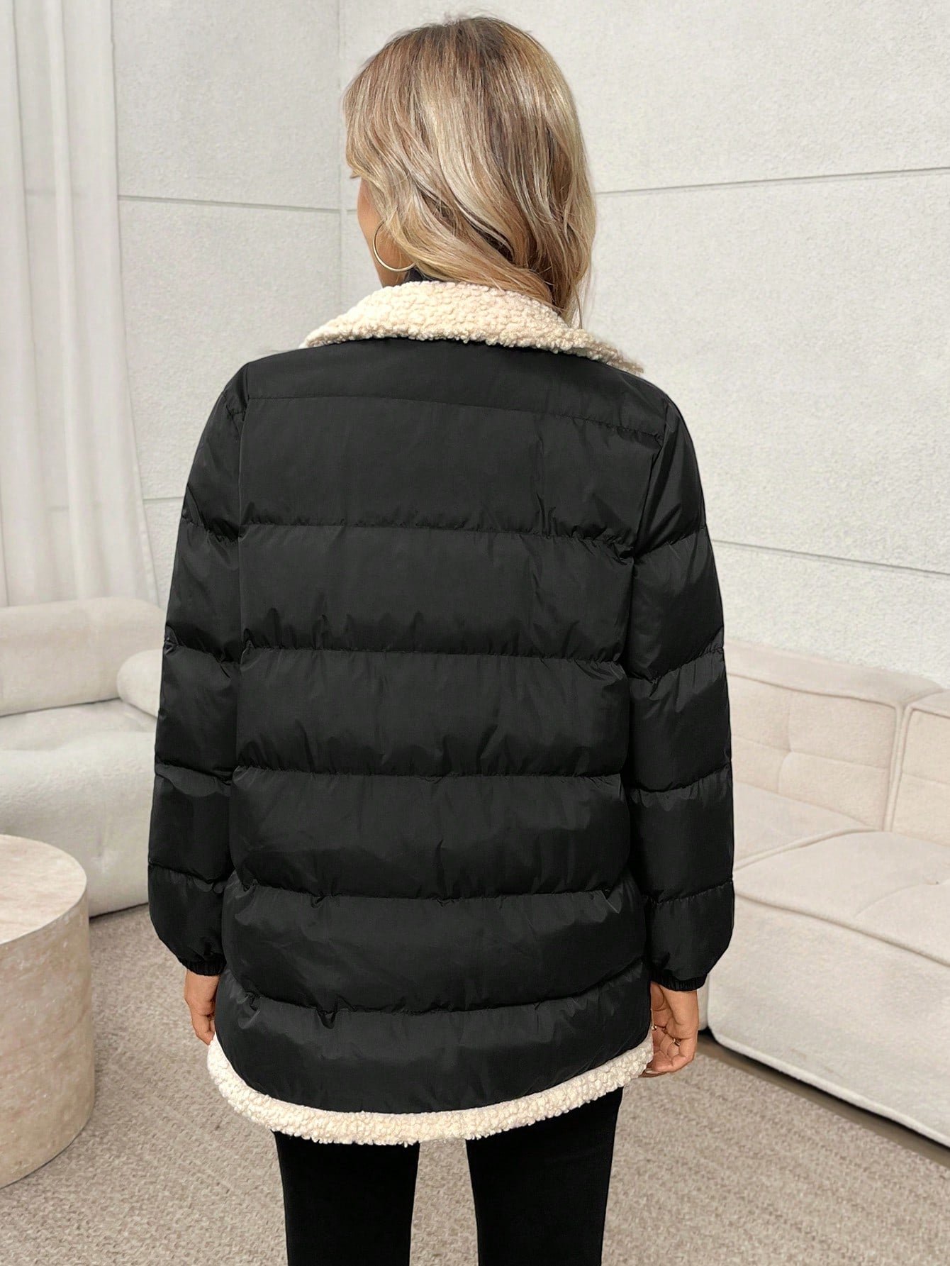 SHEIN LUNE Women's Casual Loose Elegant Commuter Lamb Wool Collar Patchwork Padded Coat Coat, Autumn/Winter