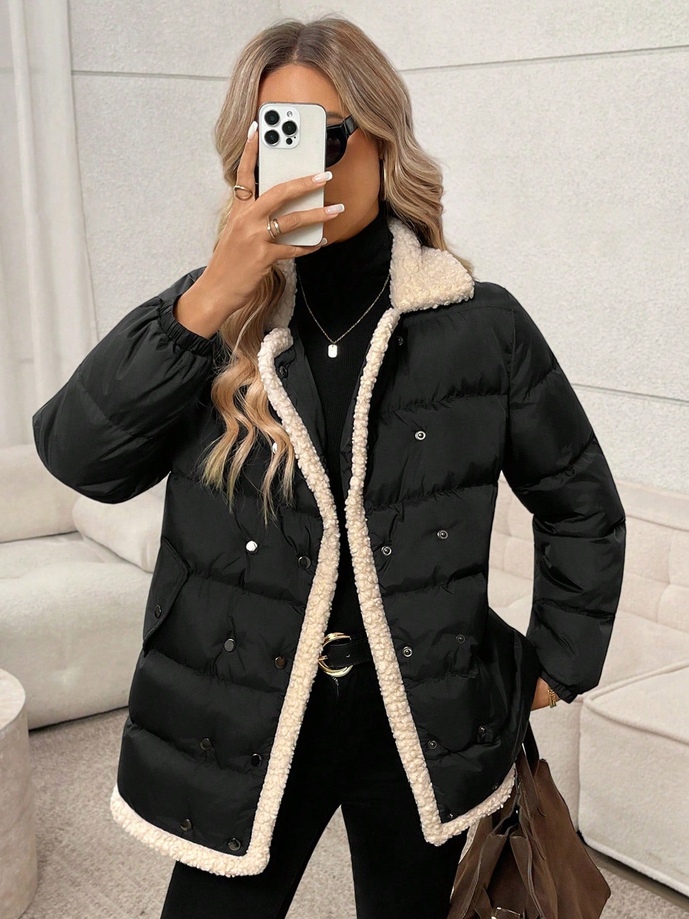 SHEIN LUNE Women's Casual Loose Elegant Commuter Lamb Wool Collar Patchwork Padded Coat Coat, Autumn/Winter