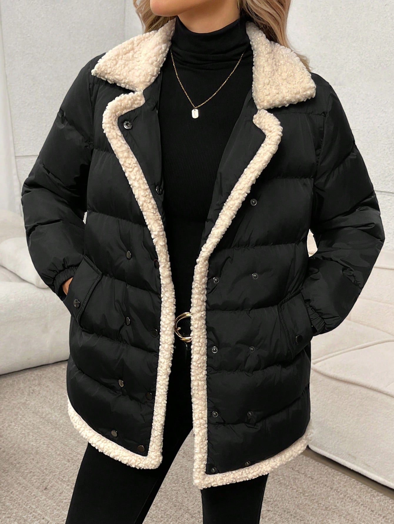 SHEIN LUNE Women's Casual Loose Elegant Commuter Lamb Wool Collar Patchwork Padded Coat Coat, Autumn/Winter