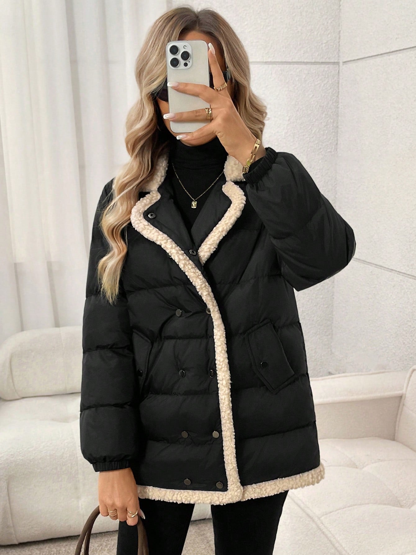 SHEIN LUNE Women's Casual Loose Elegant Commuter Lamb Wool Collar Patchwork Padded Coat Coat, Autumn/Winter