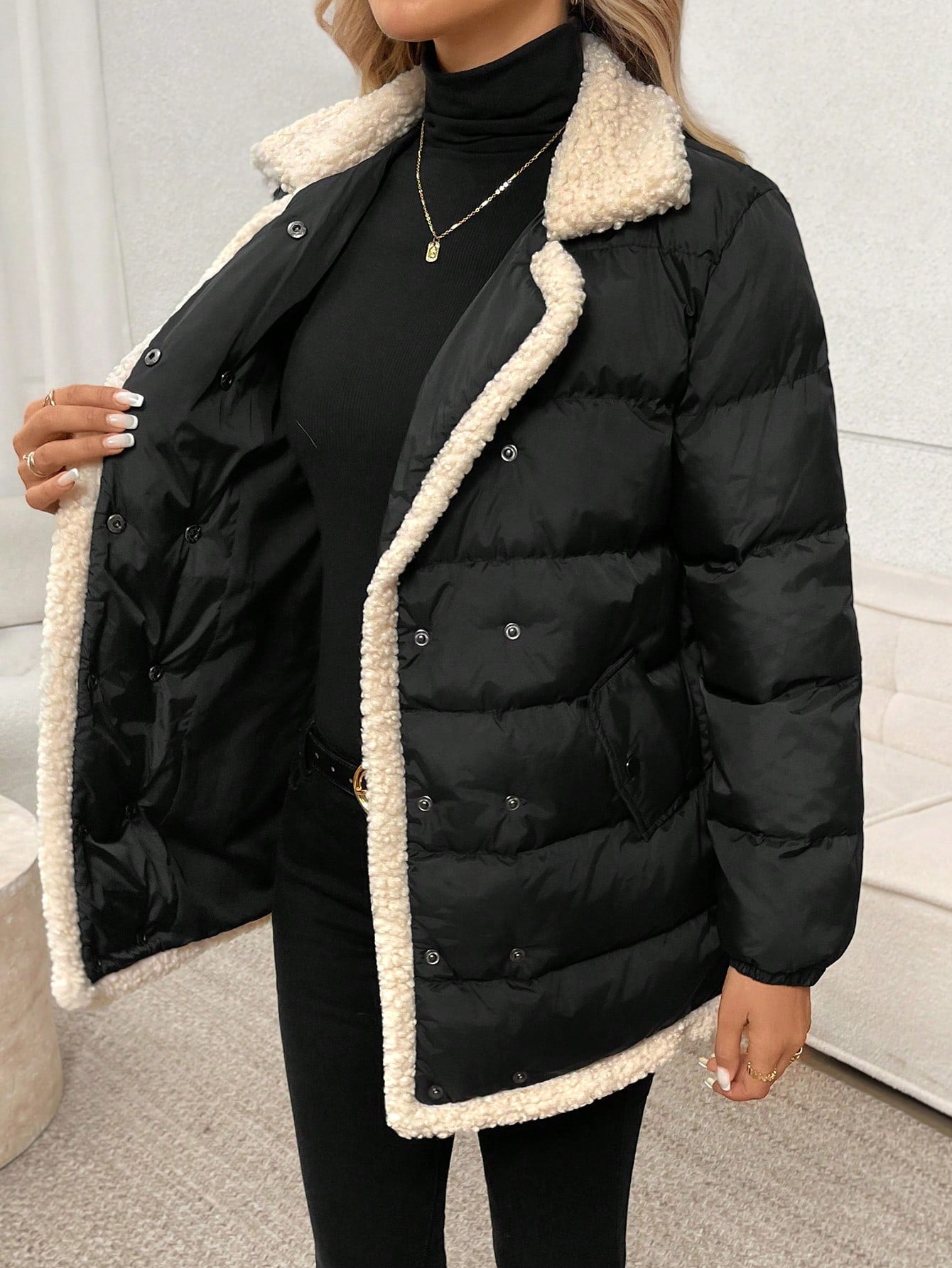SHEIN LUNE Women's Casual Loose Elegant Commuter Lamb Wool Collar Patchwork Padded Coat Coat, Autumn/Winter