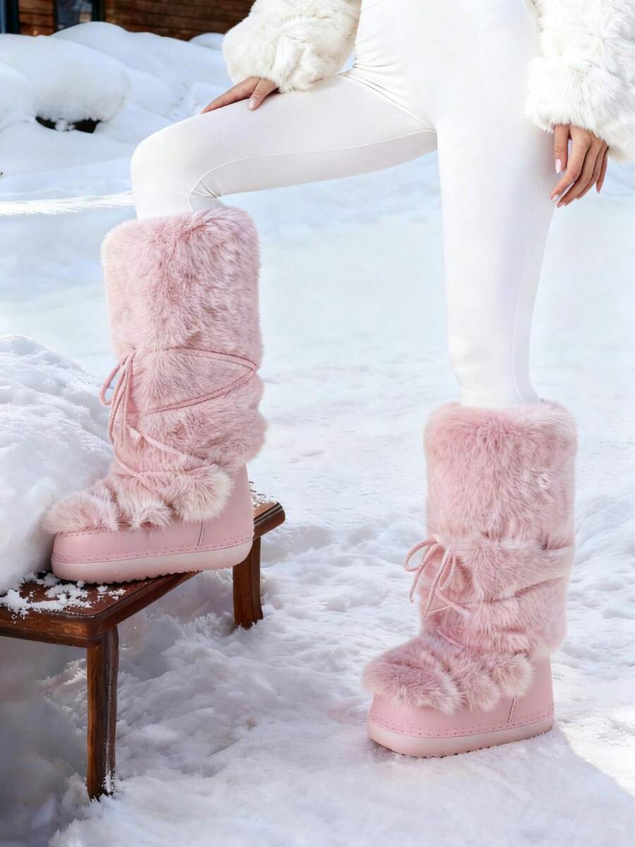 Women's Faux Fur Knee High Boots Fuzzy Fluffy Furry Snow Boots Round Toe With Lace-Up Design Cute Warm Suitable For Christmas Halloween And Winter