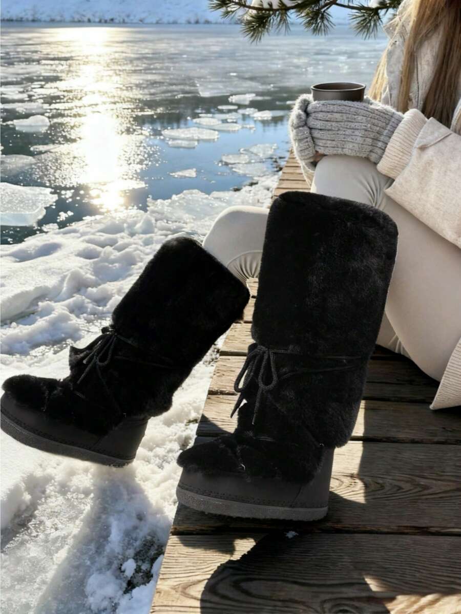 Women's Faux Fur Knee High Boots Fuzzy Fluffy Furry Snow Boots Round Toe With Lace-Up Design Cute Warm Suitable For Christmas Halloween And Winter