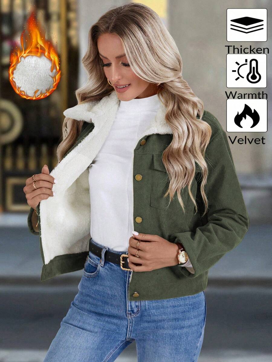 Louniche 1pc Solid Color Thermal Lined Front Zip Pocket Casual Long Sleeve Jacket Fall Winter Cloth For Women